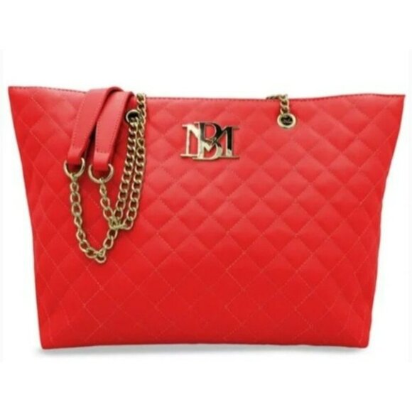 Badgley Mischka Vegan Leather Quilted Red Chain Strap Tote Bag With Gold Accents - Picture 1 of 8